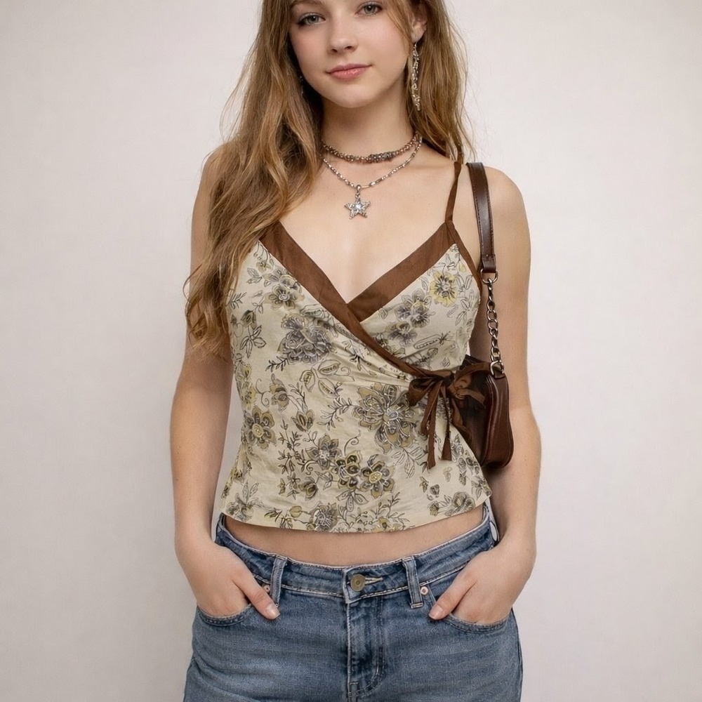 Vintage 90s Wetseal Women's Top Medium Green Paisley Floral Bow Y2K‎ Boho